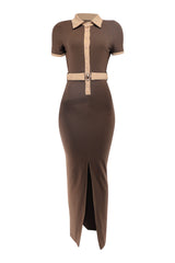 Brown and taupe collared maxi dress with button-down detail