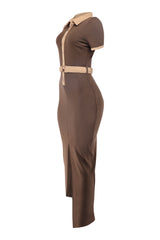 Brown/taupe collared maxi dress for evening wear