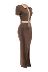 Brown/taupe slim fit maxi dress with front slit