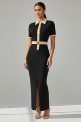 Collared Neck Button Down Maxi Dress with Front Slit