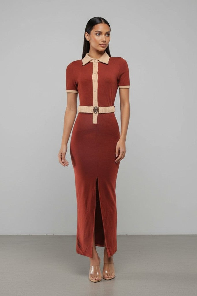 Collared Neck Button Down Maxi Dress with Front Slit