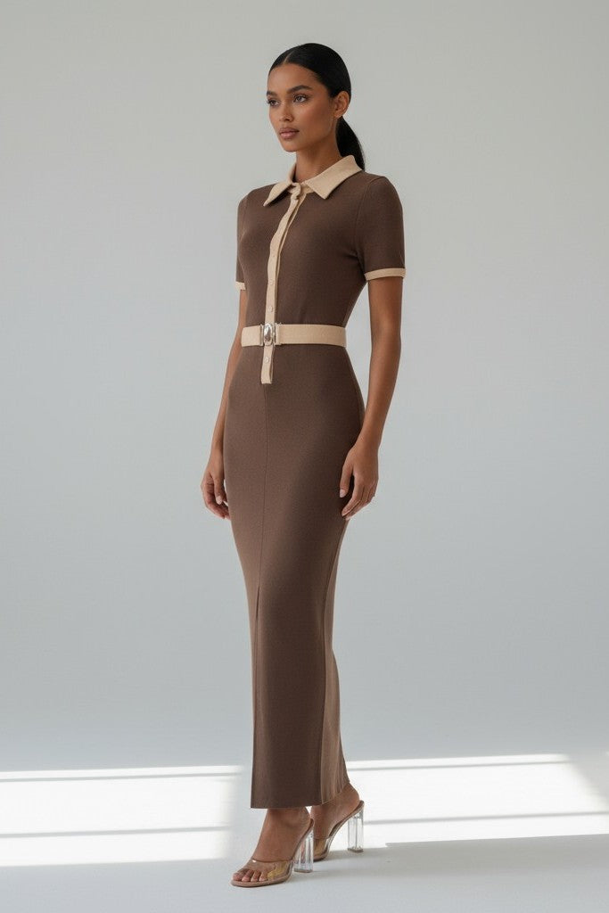 Collared Neck Button Down Maxi Dress with Front Slit