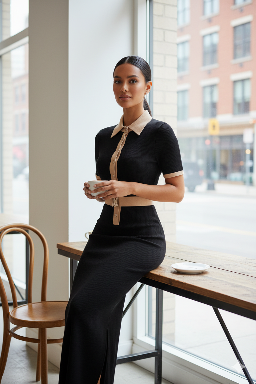 Collared Neck Button Down Maxi Dress with Front Slit