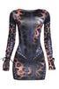 • Leopard print bodycon mini dress with metal eyelets and long sleeves
