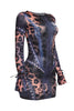 • Leopard mesh mini dress with faux denim seam illusion and ribbon sleeve
