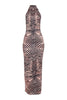  Zebra print halter maxi dress with mock neckline and sleeveless fit