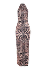  Zebra print halter maxi dress with mock neckline and sleeveless fit