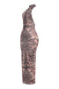 Halter neck zebra maxi dress with high neckline and figure-hugging contour