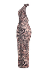 Halter neck zebra maxi dress with high neckline and figure-hugging contour