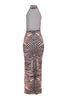 Pink and black zebra print open back maxi dress with fitted shape and slit