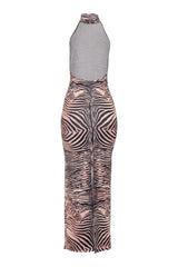 Pink and black zebra print open back maxi dress with fitted shape and slit