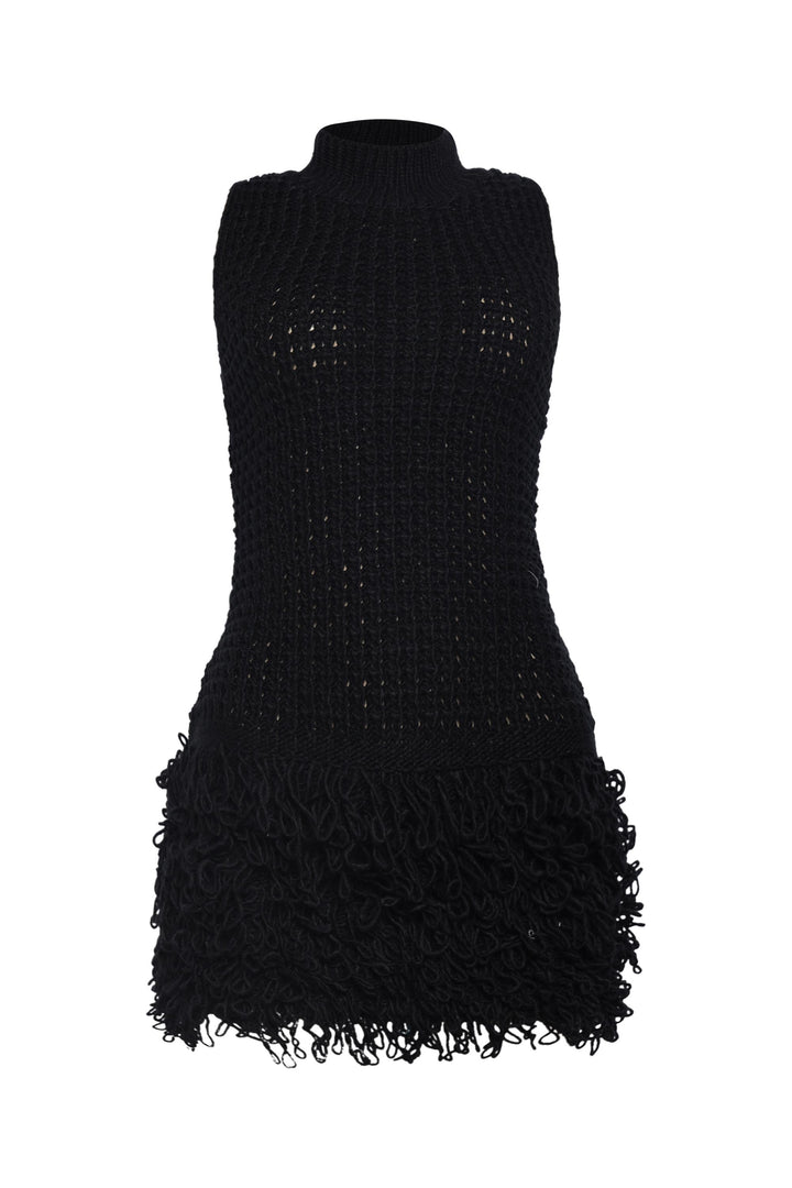 Fringe Behavior Knit Mock Neck Mini Dress