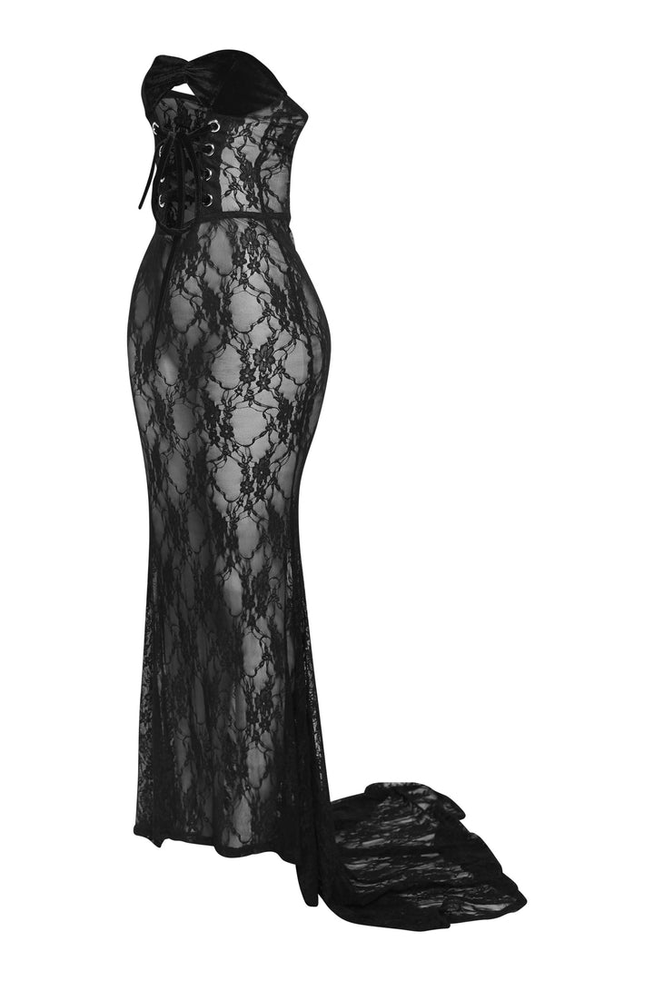 After Midnight Lace Up Sheer Maxi Dress