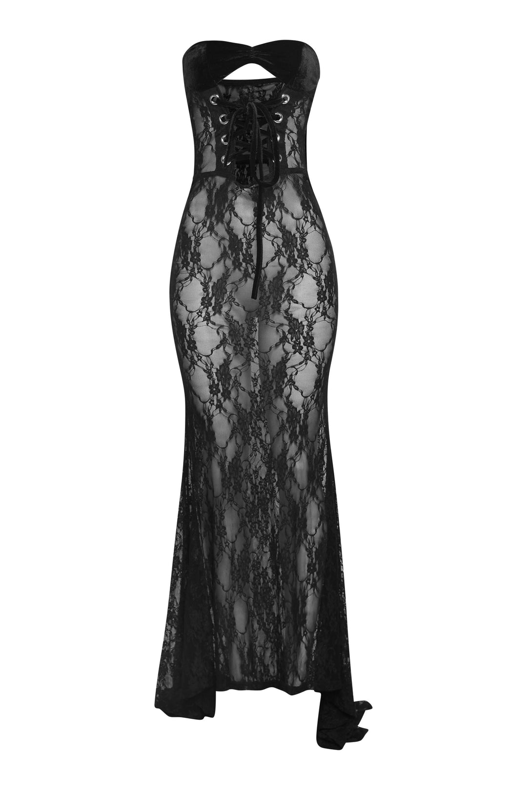 After Midnight Lace Up Sheer Maxi Dress