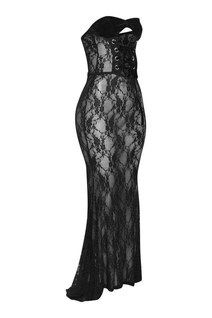 After Midnight Lace Up Sheer Maxi Dress