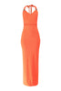 Sunset orange halter maxi with tied neck and curve-hugging style