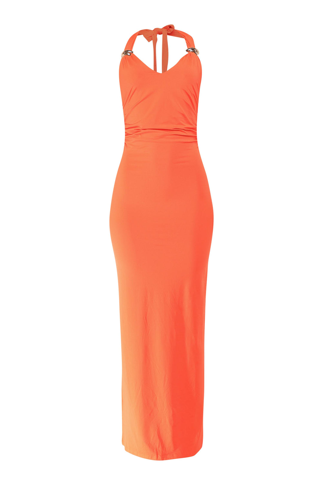 Sunset orange halter maxi with tied neck and curve-hugging style
