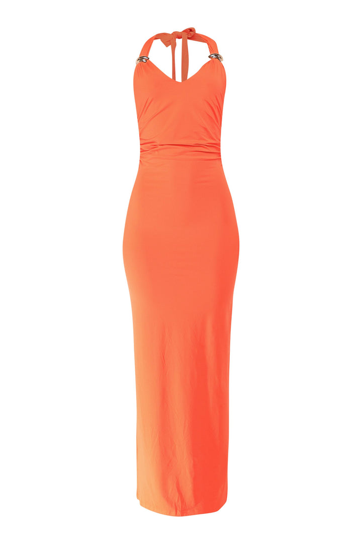 Sunset orange halter maxi with tied neck and curve-hugging style