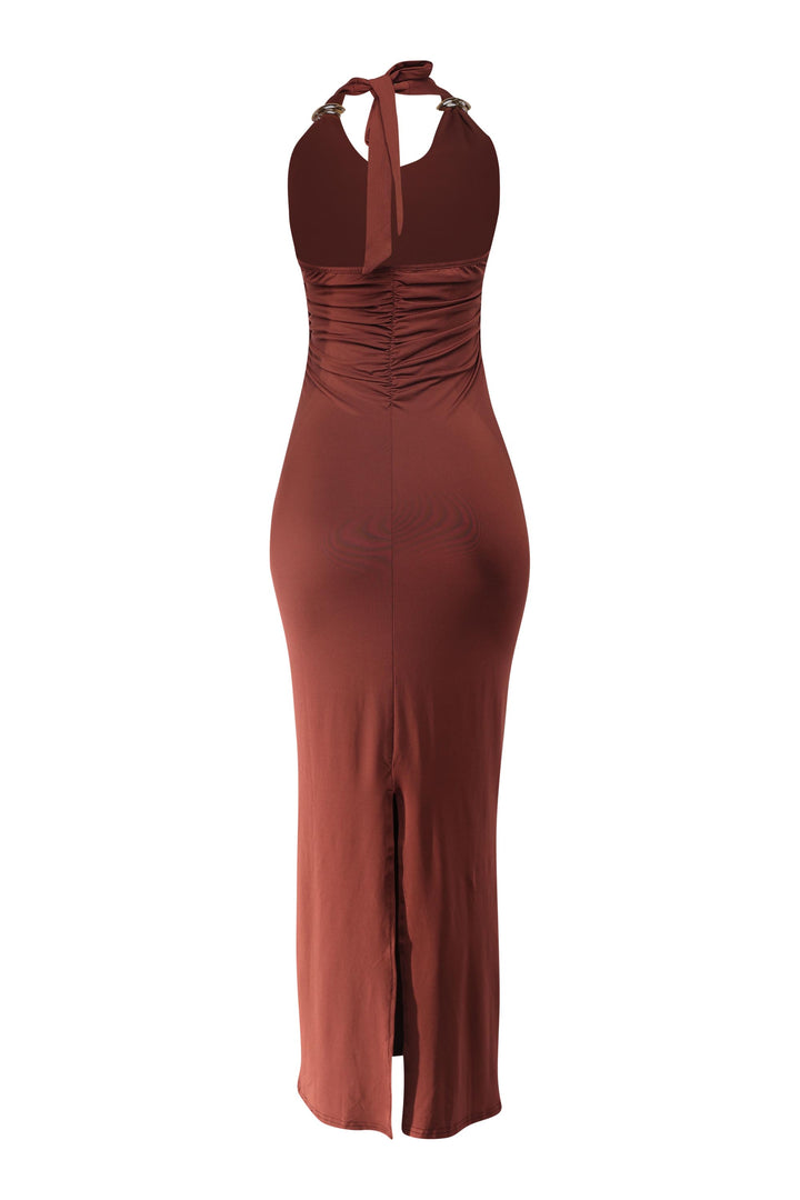 Brown sleeveless maxi dress featuring open back and sculpted silhouette