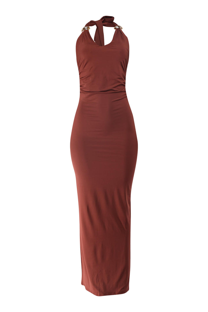 Brown halter neck maxi dress with tie-up neckline and body-hugging fit