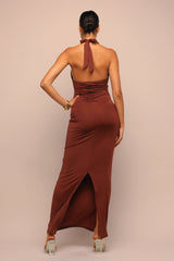 Heat Check Tied Halter Maxi Dress - Brown