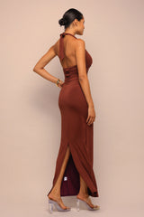 Heat Check Tied Halter Maxi Dress - Brown