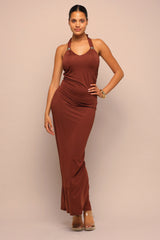 Heat Check Tied Halter Maxi Dress - Brown