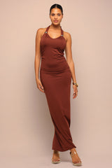 Heat Check Tied Halter Maxi Dress - Brown