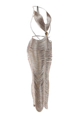 Sheer gold maxi dress with full-body string detail
