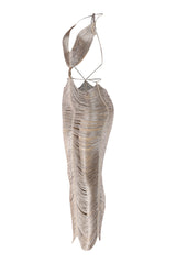 Slim fit gold maxi dress with draped string accents