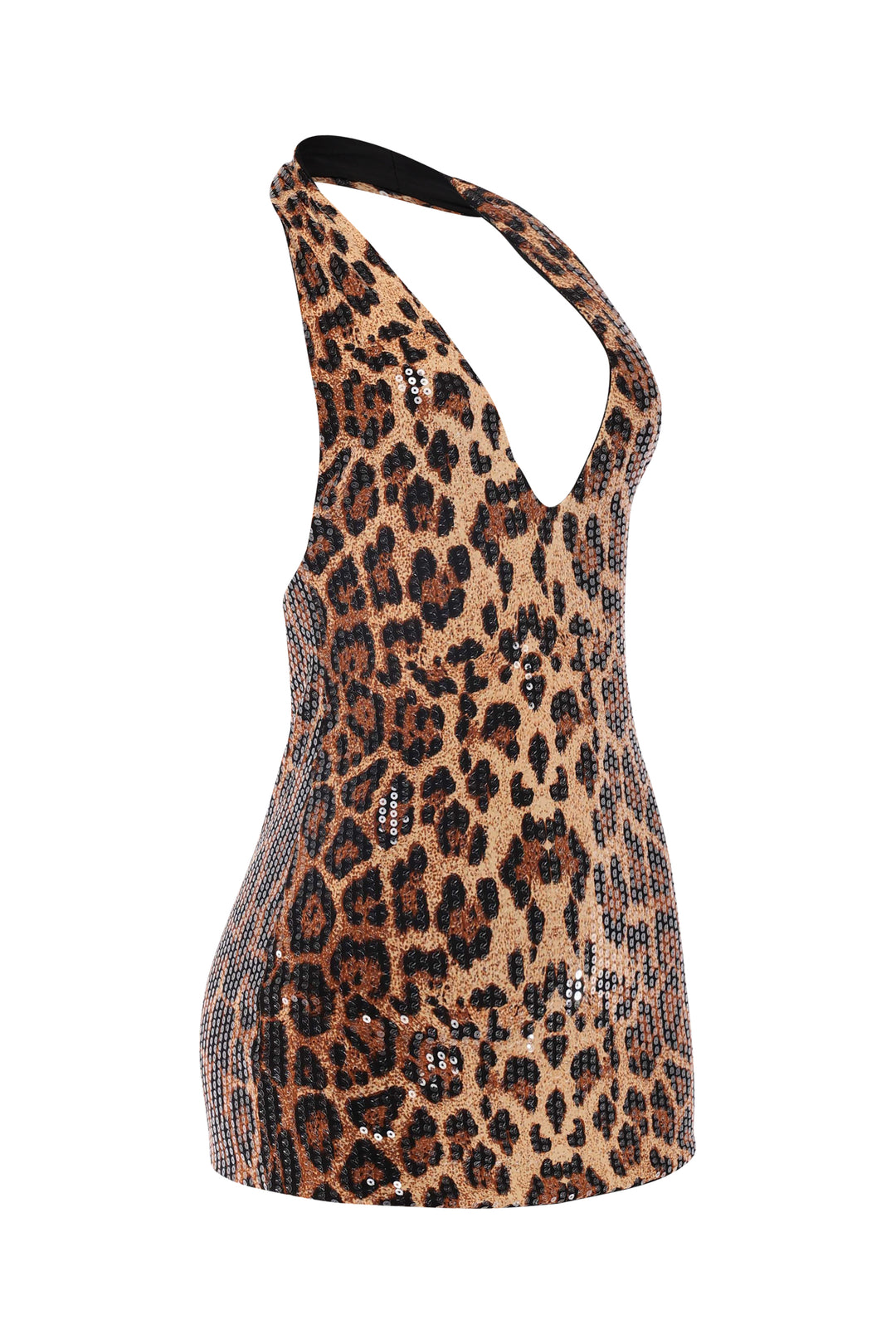 Sleeveless leopard print mini dress with deep V-neck