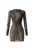Sheer animal print mini dress front view with round neckline and mixed cheetah and leopard pattern