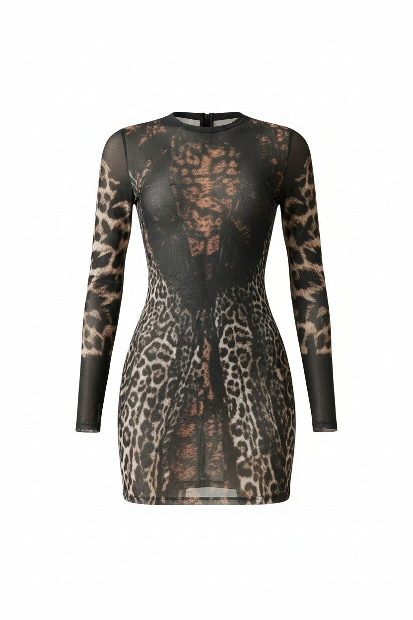 Sheer animal print mini dress front view with round neckline and mixed cheetah and leopard pattern