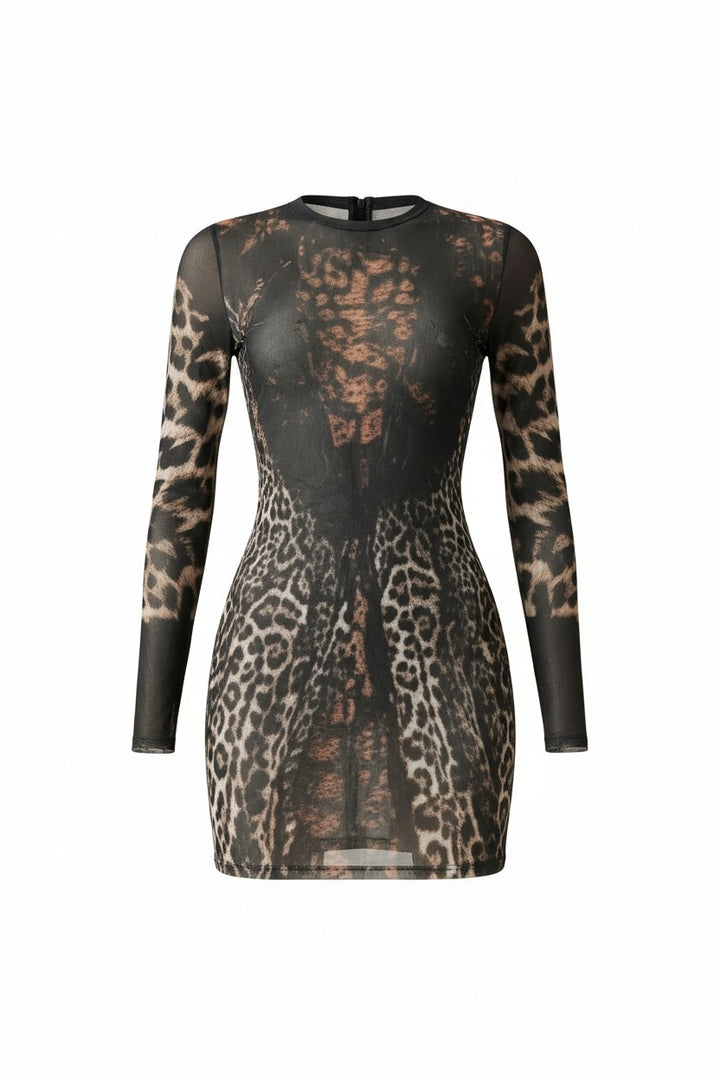 Sheer animal print mini dress front view with round neckline and mixed cheetah and leopard pattern