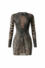 Sheer animal print mini dress front view with round neckline and mixed cheetah and leopard pattern