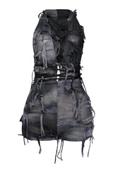 Grunge charcoal hooded romper with distressed tie details and open back

