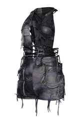 Black mesh romper with grunge-inspired shredded accents and backless style

