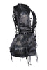 Washed black sleeveless mesh romper with frayed trim and hooded design

