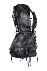 Washed black sleeveless mesh romper with frayed trim and hooded design

