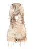 Ivory distressed mesh romper with hood and raw ribbon details

