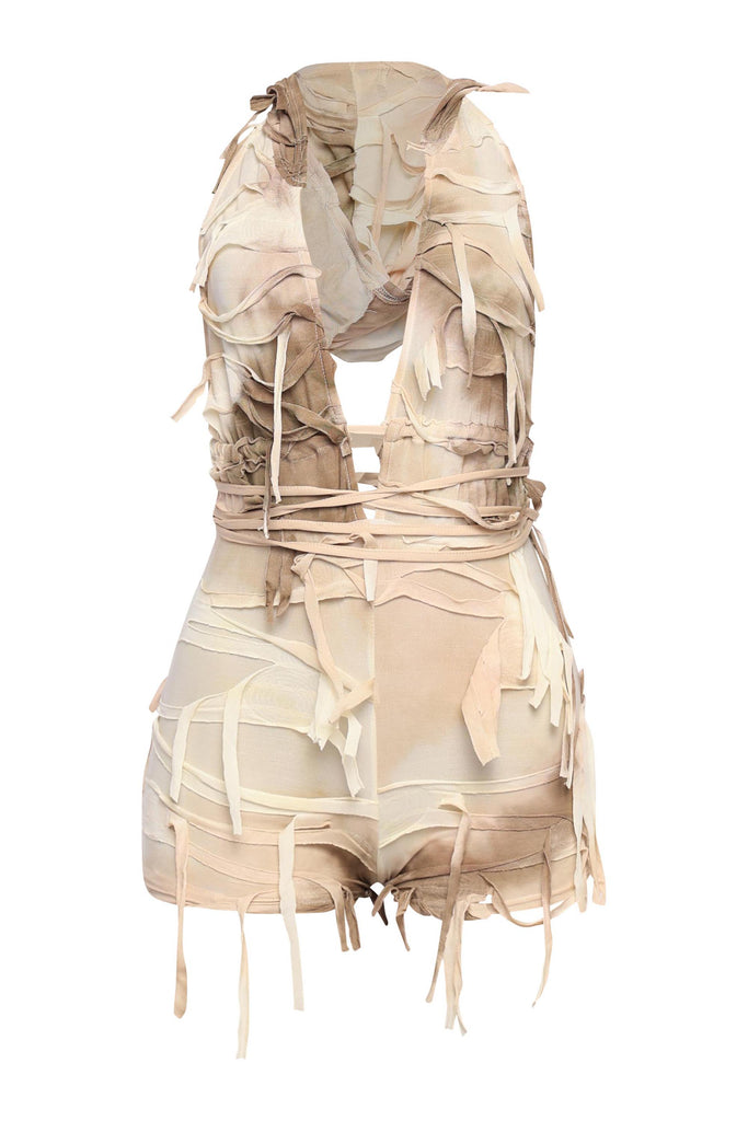 Ivory distressed mesh romper with hood and raw ribbon details

