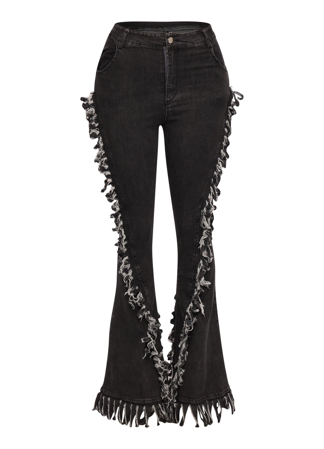 Distressed fringe denim flared pant.