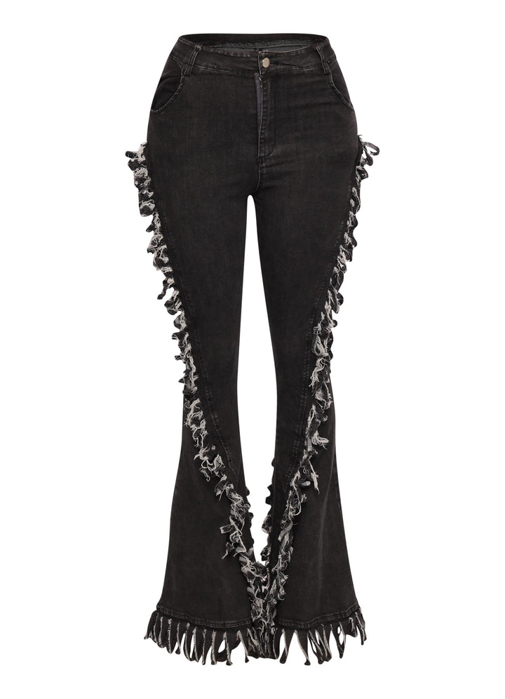 Distressed fringe denim flared pant.