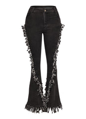 Distressed fringe denim flared pant