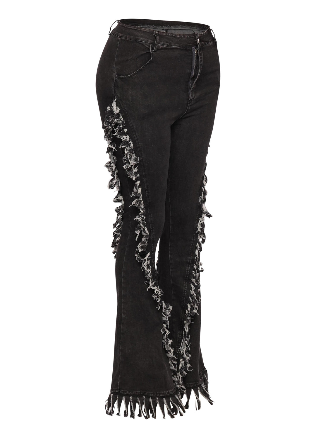 Distressed fringe denim flared pant.