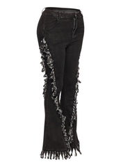 Distressed fringe denim flared pant