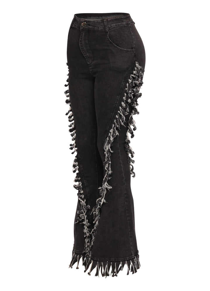 Distressed fringe denim flared pant.