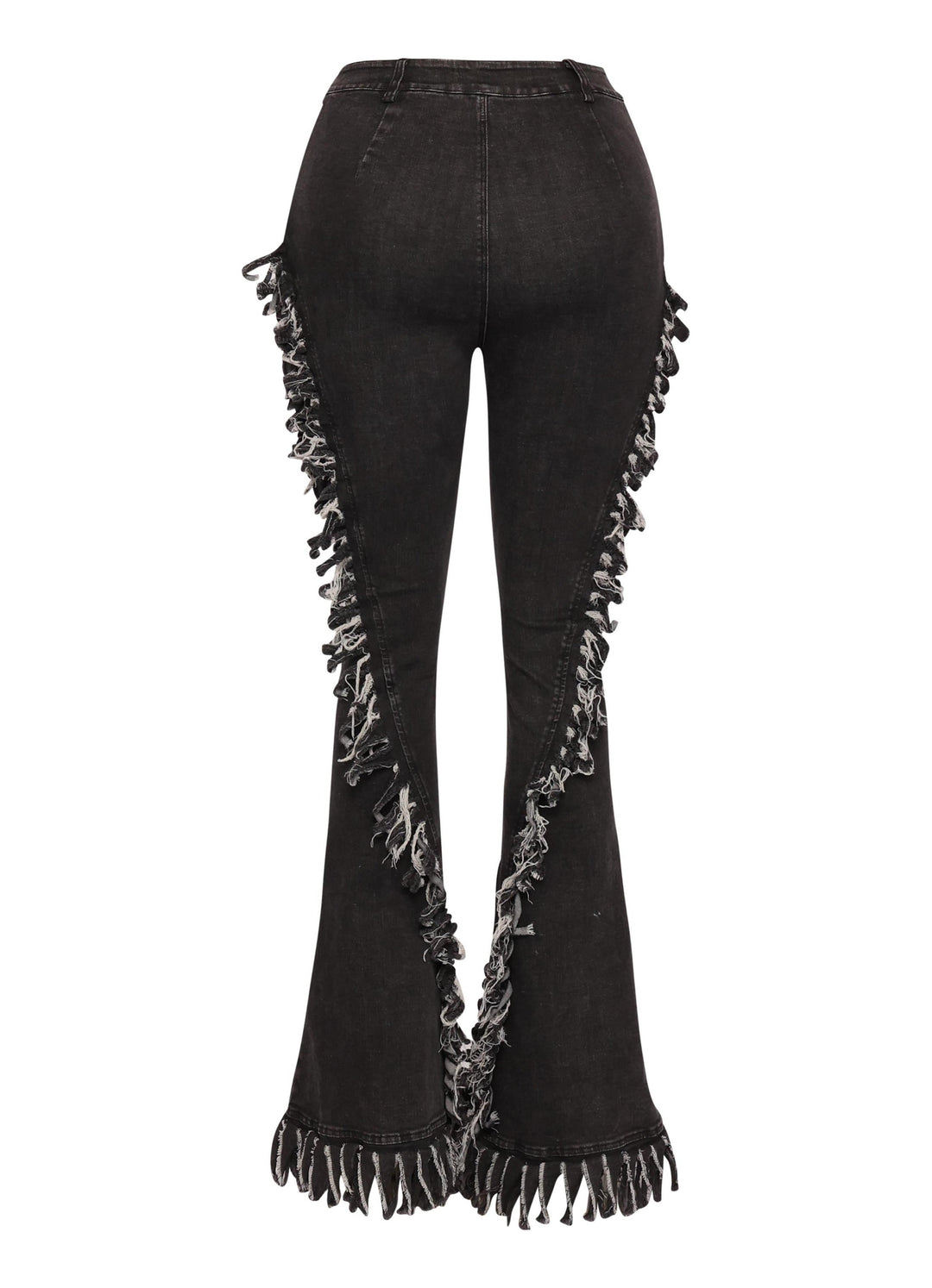Distressed fringe denim flared pant.