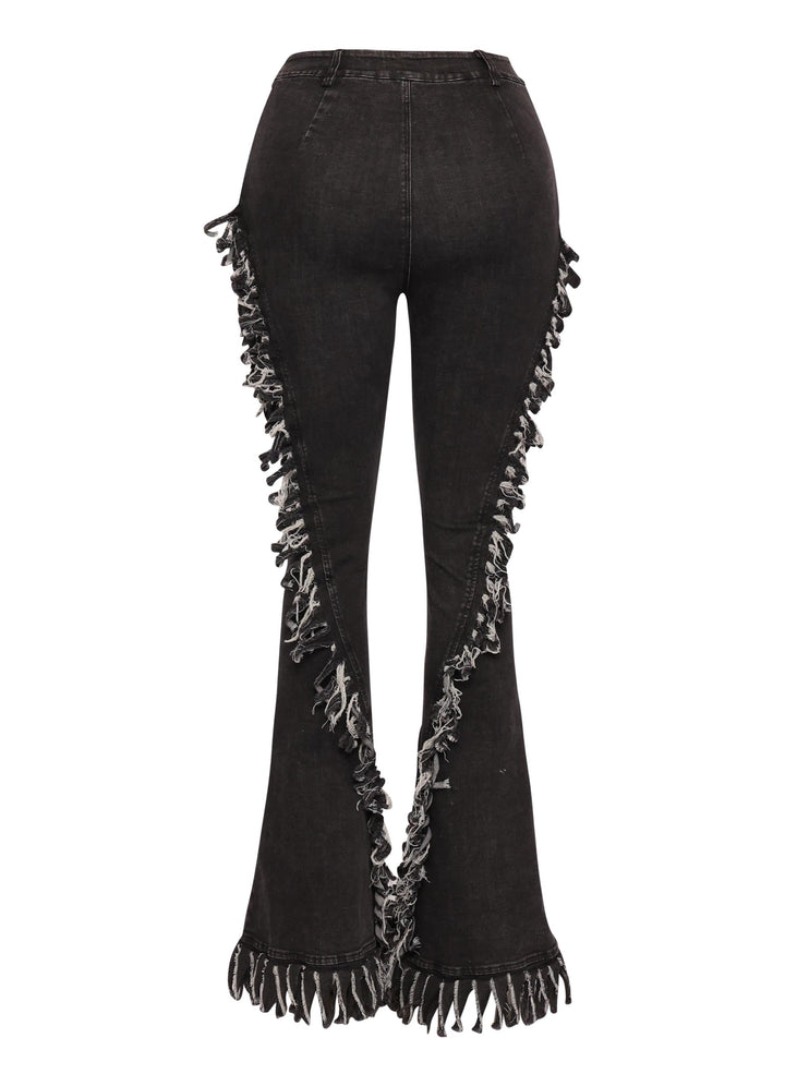 Distressed fringe denim flared pant.