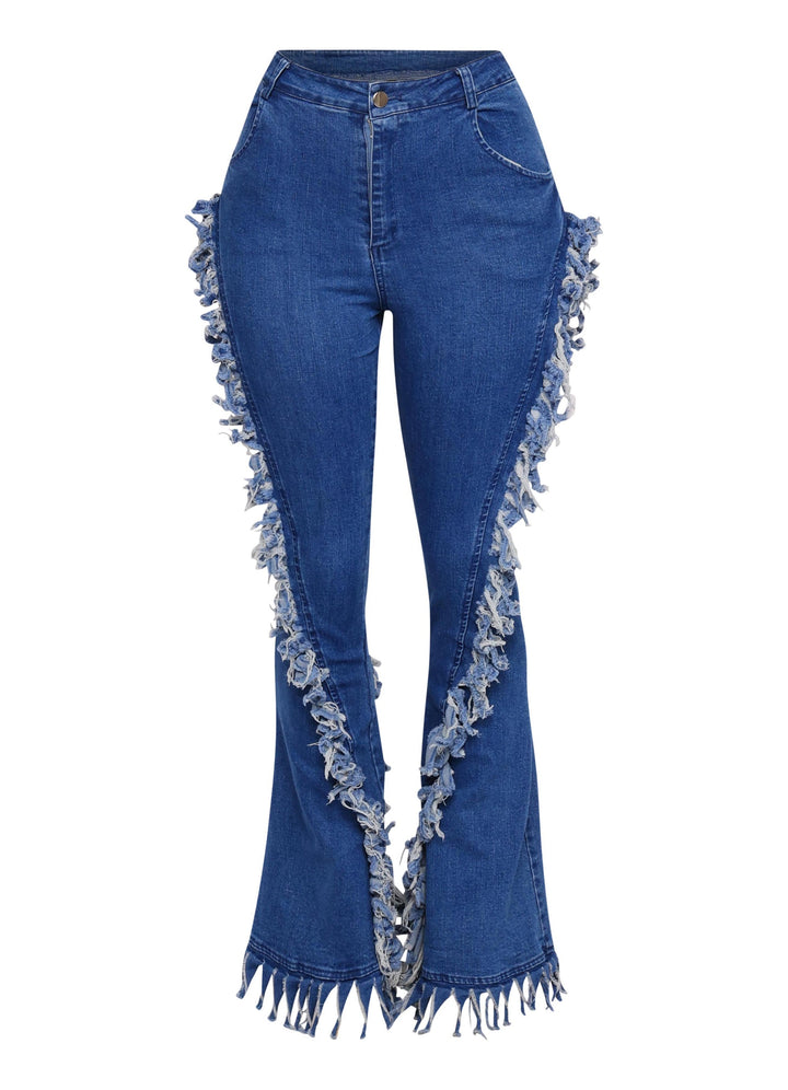 Distressed fringe denim flared pant.